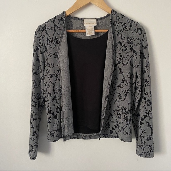 Vintage Christie & Jill Black Gray Floral Button Blouse w. Built in Tank Top SP - Picture 3 of 7